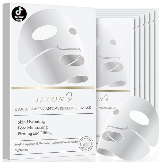 ISTON 6 Pack Bio-Collagen Real Deep Anti Wrinkle Lifting Mask,Overnight Hydrating Face Mask for All Skin Types -Pore Minimizing,Elasticity Enhancing,Firming,Moisturizing-GlimoraGlow