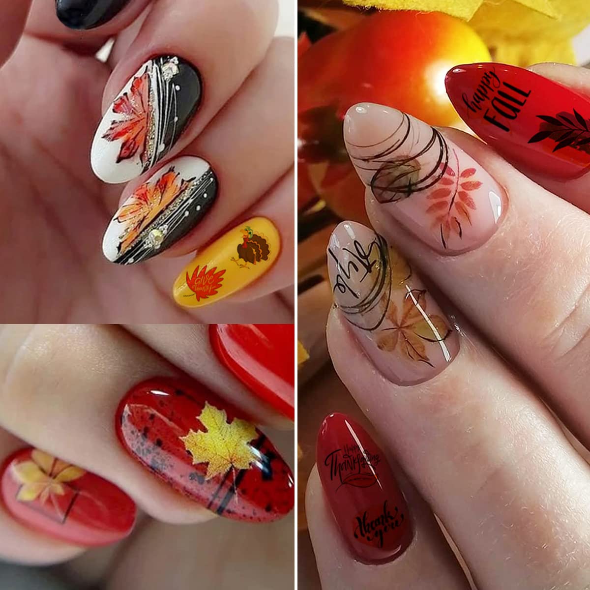 12 Sheets Fall Nail Art Stickers 3D Autumn Leaves Nail Decals Self-Adhesive Thanksgiving Nail Art Accessories Foils Maple Leaf Pumpkin Turkey Nail Designs for Women Girls DIY Manicure Decoration-GlimoraGlow