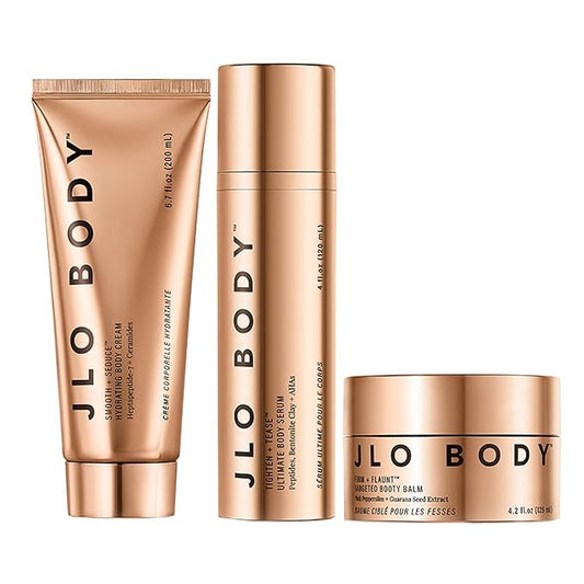 JLO BEAUTY The Ultimate Body Trio | Includes 4.2 fl oz Booty Balm, 4 fl oz Body Serum & 6.7 fl oz Body Cream | Brightens, & Firms for Smooth Skin-GlimoraGlow