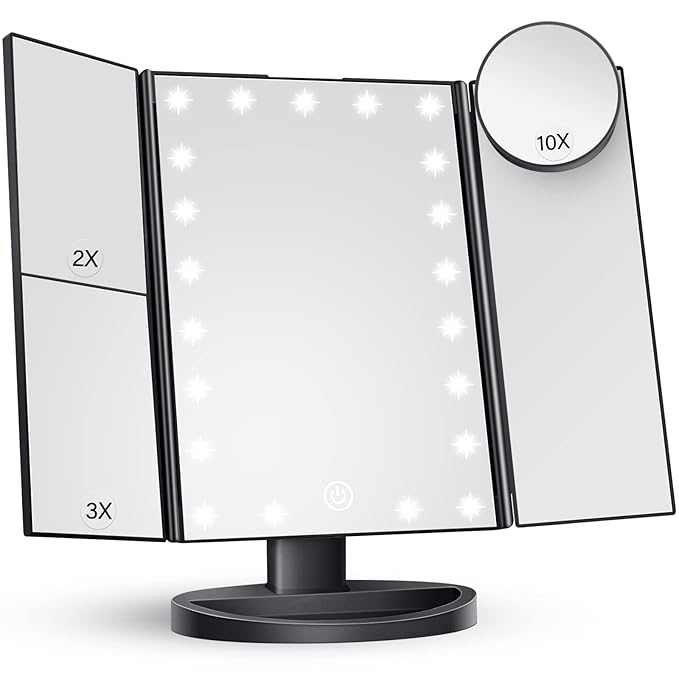 HUONUL Makeup Mirror Vanity with Lights, 2X 3X 10X Magnification, Lighted Mirror, Touch Control, Trifold Dual Power Supply, Portable LED Women Gift (Black)-GlimoraGlow