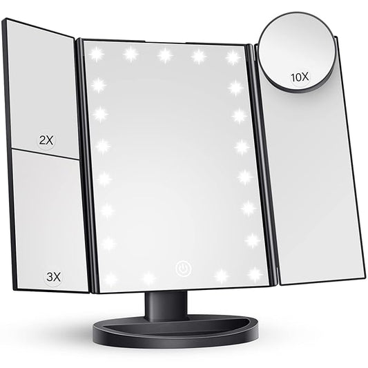 HUONUL Makeup Mirror Vanity with Lights, 2X 3X 10X Magnification, Lighted Mirror, Touch Control, Trifold Dual Power Supply, Portable LED Women Gift (Black)-GlimoraGlow