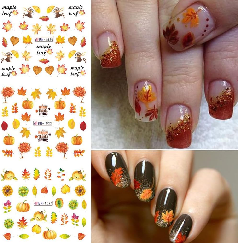 12 Sheets Fall Maple Leaf Nail Art Stickers Autumn Water Transfer Nail Decals Thanksgiving Day Nail Art Supplies Turkey Pumpkin Leaves Scarecrow Nail Design Slider Stickers for Women Nail Decorations-GlimoraGlow