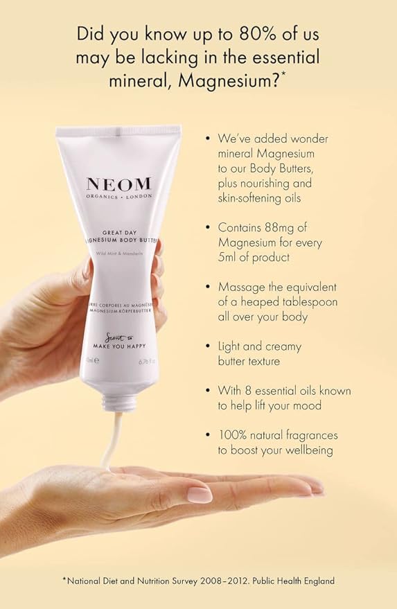 Neom- Great Day Magnesium Body Butter, 200ml | Mandarin & Wild Mint | Cream Moisturiser With Essential Oils | Nourish & Soften | Fresh & Zesty-GlimoraGlow