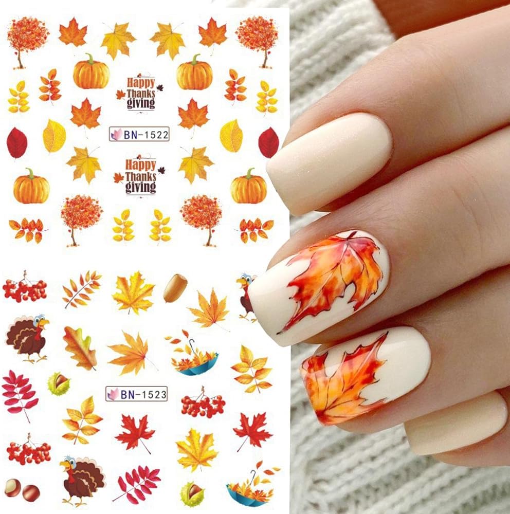 12 Sheets Fall Maple Leaf Nail Art Stickers Autumn Water Transfer Nail Decals Thanksgiving Day Nail Art Supplies Turkey Pumpkin Leaves Scarecrow Nail Design Slider Stickers for Women Nail Decorations-GlimoraGlow
