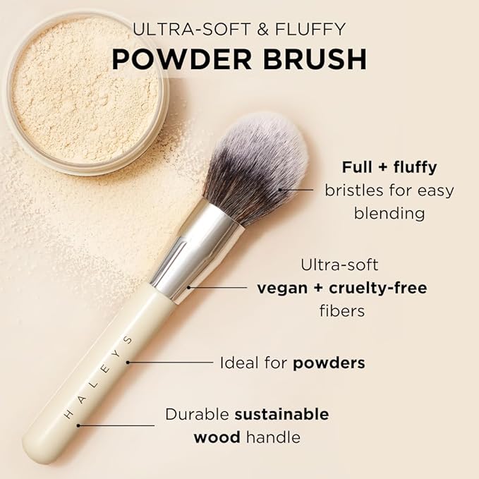 HALEYS Powder Brush VEGAN+CRUELTY-FREE, Soft, Streak-free, Perfect Blending, Buff, Blurs, Smooths, Control, Precision, Complexion tools, For powder, setting powder, blush, Sustainable Wood Handle-GlimoraGlow