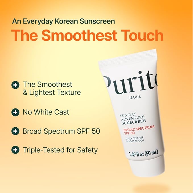 PURITO Sun Day Adventure Korean Sunscreen Smoothest and Lightest Texture Broad Spectrum SPF 50 UVA & UVB Protection No White Cast Oil Free For All Skin Types Vegan Daily Skin Care 50ml, 1.69 fl.oz-GlimoraGlow