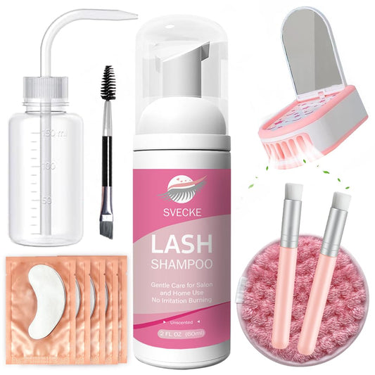 Lash Shampoo Kit, 2 fl.oz / 60ml Eyelash Cleanser, Eyelash Shampoo for Lash Extensions, Lash Cleaning Kit with Lash Fan Dryer, Eyelash Remover for Salon and Home Use-GlimoraGlow