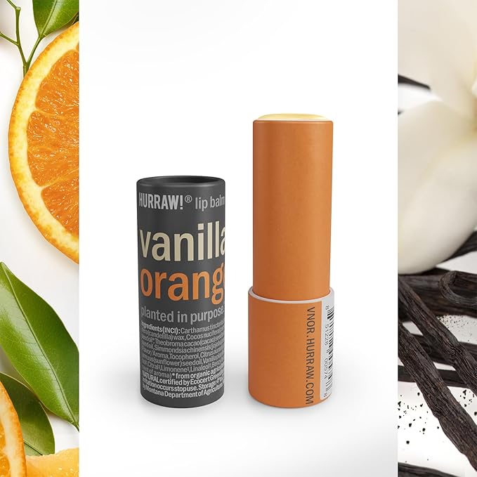 Hurraw! Vanilla & Orange Lip Balm, 3 Pack: Plastic-Free with new cardboard push-up tube. Certified Organic, All Natural Origin, Vegan & Cruelty Free. Gluten, Bee, Shea, Soy & Palm Free. Made in USA-GlimoraGlow