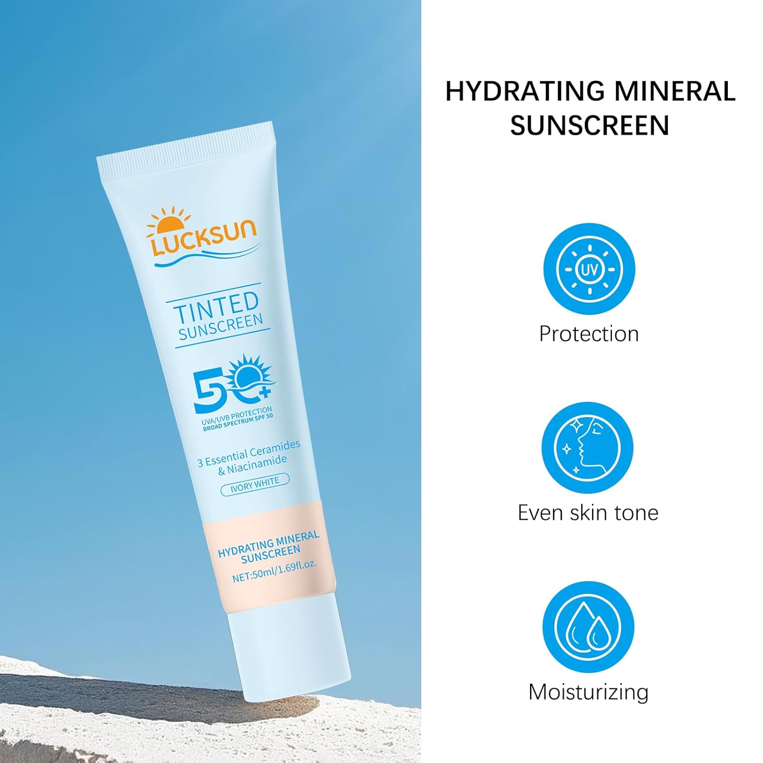 Tinted Sunscreen for Face SPF 50, 2 PCS Defense SPF 50 Face Sunscreen Lotion with Hyaluronic Acid, Sun Essence Faces Sunscreens, Hydrating, Moisturizing, UV Defense, Travel Size (Light Color)-GlimoraGlow