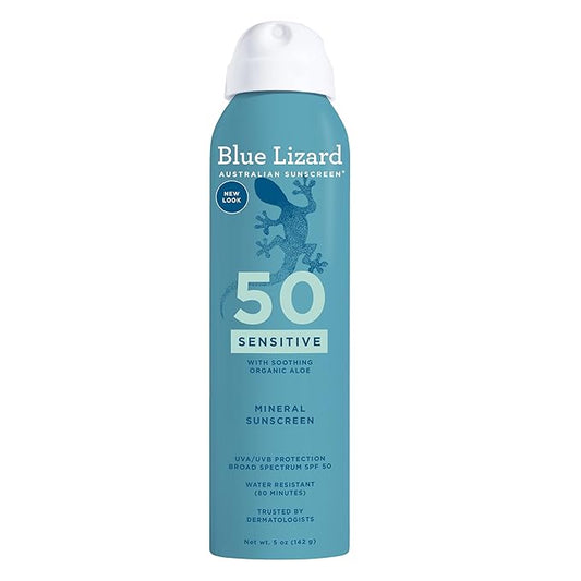 Blue Lizard Sensitive Mineral SPF 50 Spray, Dermatologist-Recommended Brand, Broad-Spectrum UVA/UVB Protection, Water-Resistant, Zinc Oxide Formula, 5 oz-GlimoraGlow