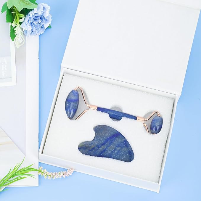 Jade Roller for Face, Facial Roller Massager Skin Care Tool, Gua Sha Facial Tools for Face, Neck, Eyes, Reduce Puffiness of The Skin(Blue)-GlimoraGlow