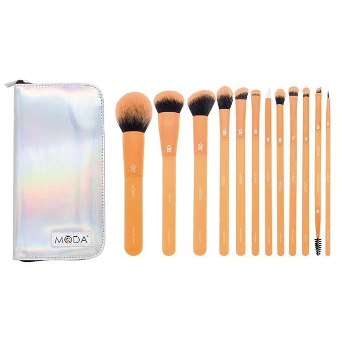 MODA Totally Electric Neon Orange Full Face Makeup Brush Kit – 13pc Vibrant Brush Set for Face & Eyes with Zip Case-GlimoraGlow