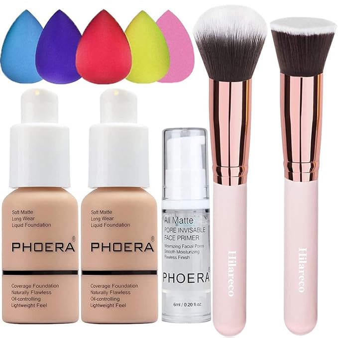 2 Pack PHOERA Foundation Warm Peach 103 and Face Primer,Liquid Full Coverage Foundation Set,Foundation Brush Powder Brush,5 Makeup Sponge, 24HR Matte Oil Control Concealer (103- Warm peach)-GlimoraGlow