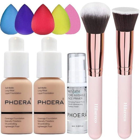 2 Pack PHOERA Foundation Warm Peach 103 and Face Primer,Liquid Full Coverage Foundation Set,Foundation Brush Powder Brush,5 Makeup Sponge, 24HR Matte Oil Control Concealer (103- Warm peach)-GlimoraGlow