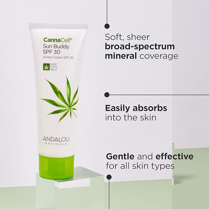 Andalou Naturals Face Sunscreen, CannaCell Sun Buddy SPF 30 with Hemp Stem Cells, Moisturizing Facial Lotion, Broad Spectrum Protection with Non-Nano Zinc Oxide, Reef Safe Sunscreen, 2.7 Fl Oz-GlimoraGlow