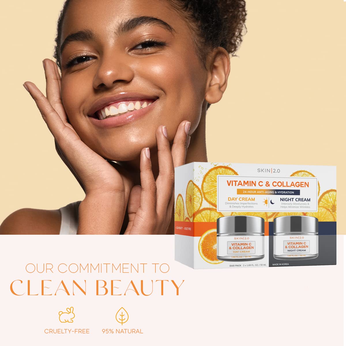 Vitamin C & Collagen Day & Night Face Moisturizer Cream - Dermatologist Tested, Brightening, Anti-Aging, Clean Beauty, Cruelty-Free Korean Skincare for All Skin Types - 1.69 oz (2-Pack)-GlimoraGlow