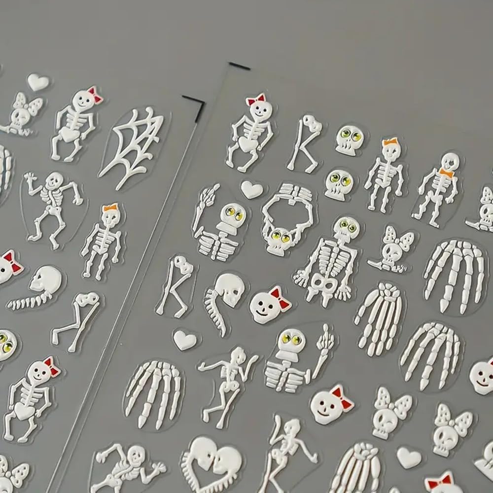 2 Sheets Halloween 5D Embossed Nail Art Stickers - Skeleton, White Skull Nail Stickers with Spider Web Heart Design - Self-Adhesive Horror Decals for Women - Art Supplies and Decorations-GlimoraGlow