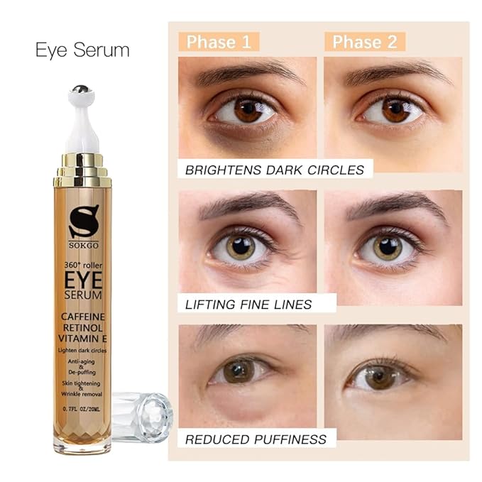 Caffeine Eye Serum Anti Aging, Retinol Eye Serum with 360° Massage Ball for Dark Circles and Puffiness, Deeply Moisturizing, Firms and Lifts Eye Skin, Enhance Skin Elasticity, Smooth Fine Lines-GlimoraGlow