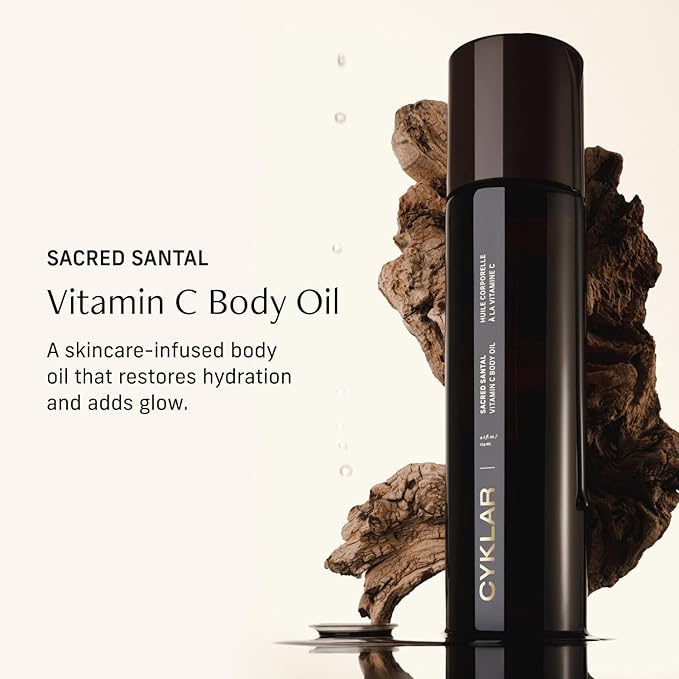 Vitamin C Body Oil for Women and Men. Moisturizing Sacred Santal Scented Body Serum for Glowing Skin. Nourishing, Hydrating After-Shower and Bath Skin Care Moisturizer, 4.2 Fl Oz-GlimoraGlow