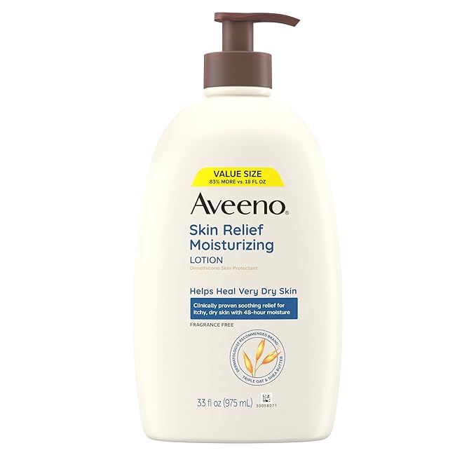 Aveeno Skin Relief Moisturizing Lotion for Very Dry, Itchy, Dry Skin, Body Moisturizer, Soothing Triple Oat & Shea Butter, Fragrance-Free, Non-Greasy, 33 fl oz-GlimoraGlow