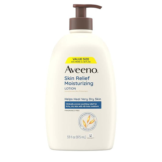 Aveeno Skin Relief Moisturizing Lotion for Very Dry, Itchy, Dry Skin, Body Moisturizer, Soothing Triple Oat & Shea Butter, Fragrance-Free, Non-Greasy, 33 fl oz-GlimoraGlow