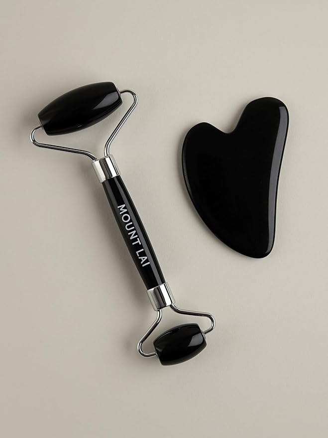 Mount Lai Obsidian Gua Sha Facial Tools, Black Obsidian Gua Sha Facial Tools Set and Roller, Guasha Tool for Face to Relieve Muscle Tension and Reduce Puffiness, Anti Aging Skin Care Sets for Women-GlimoraGlow