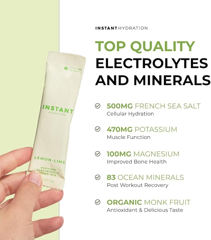 Instant Hydration Electrolytes Powder Packets - Lemon Lime Drink Mix - Zero Sugar - Keto, Vegan, Gluten-Free, Non-GMO - Boost Recovery, Brain Health, Muscle & Tissue Support- 30 Sticks-GlimoraGlow