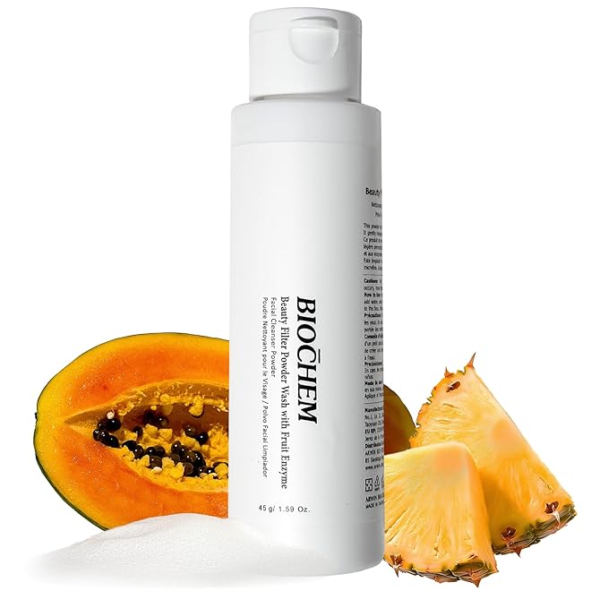 BIOCHEM Beauty Filter Powder Face Wash with Fruit Enzyme, Daily Wash with Papaya & Pineapple Enzyme, Gentle Plant-Based Low pH Exfoliator Cleanser for Women & Men, Sensitive Skin (1.59 fl oz / 45 g)-GlimoraGlow