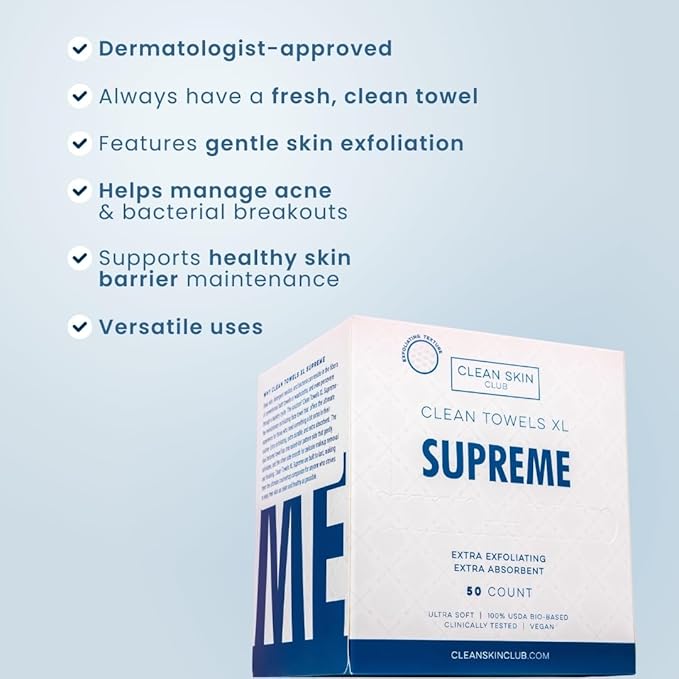 Clean Skin Club Clean Towels XL™ Supreme, 100% USDA Biobased Dermatologist Approved Face Towel, Gentle Exfoliation, Disposable Facial Washcloth, Makeup Remover Dry Wipes, 50 Count-GlimoraGlow