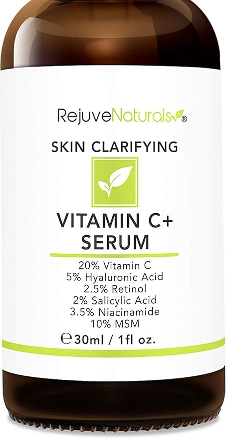 Vitamin C Serum Plus 5% Hyaluronic Acid, 2.5% Retinol, 2% Salicylic Acid, 3.5% Niacinamide, 10% MSM, 20% Vitamin C - Anti Aging Anti Wrinkle Skin Clearing Serum Organic Skin Care for Face and Eyes 1oz-GlimoraGlow