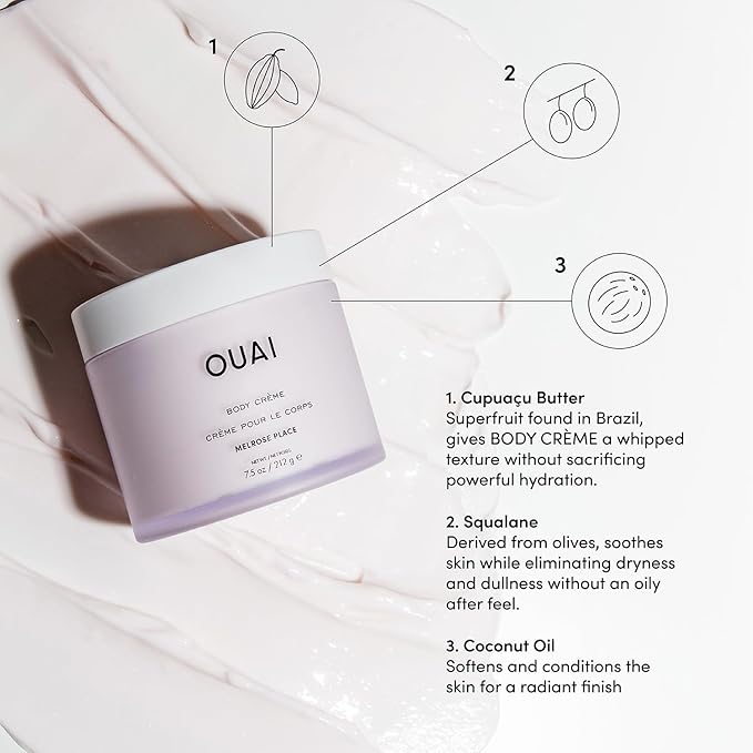 OUAI Body Cream, Melrose Place - Hydrating Whipped Body Cream with Cupuaçu Butter, Coconut Oil and Squalane - Softens Skin and Delivers Healthy-Looking Glow - Sulfate Free Skin Care (7.5 Oz)-GlimoraGlow