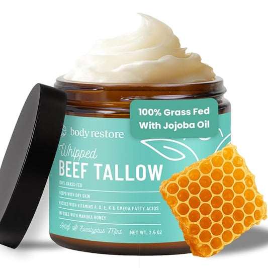 Body Restore Grass Fed Whipped Beef Tallow for Skin, Face, Body, Dry Skin - with Manuka Honey, Jojoba Oil, Birthday Gifts for Women, Men, Travel Essentials, Self Care - Eucalyptus-GlimoraGlow
