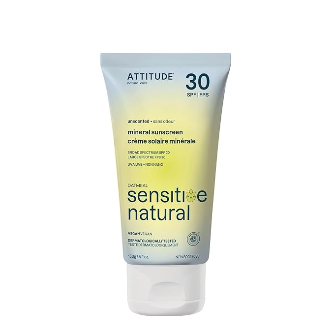 ATTITUDE Mineral Sunscreen for Sensitive Skin, EWG Verified, Broad Spectrum UVA/UVB, Dermatologically Tested, Plant and Mineral-Based Formula, Vegan, SPF 30, Unscented, 5.2 Oz-GlimoraGlow