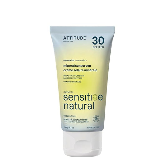 ATTITUDE Mineral Sunscreen for Sensitive Skin, EWG Verified, Broad Spectrum UVA/UVB, Dermatologically Tested, Plant and Mineral-Based Formula, Vegan, SPF 30, Unscented, 5.2 Oz-GlimoraGlow