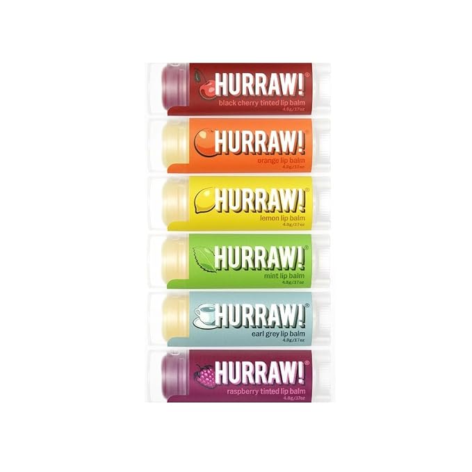 Hurraw! Lip Balms Staff Favorites, 6 Balm Bundle Pack: Black Cherry Tinted (Sheer Red Tint), Orange, Lemon, Mint, Earl Grey, Raspberry Tinted (Sheer Berry Tint). Organic, vegan & raw ingredients.-GlimoraGlow