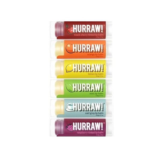 Hurraw! Lip Balms Staff Favorites, 6 Balm Bundle Pack: Black Cherry Tinted (Sheer Red Tint), Orange, Lemon, Mint, Earl Grey, Raspberry Tinted (Sheer Berry Tint). Organic, vegan & raw ingredients.-GlimoraGlow