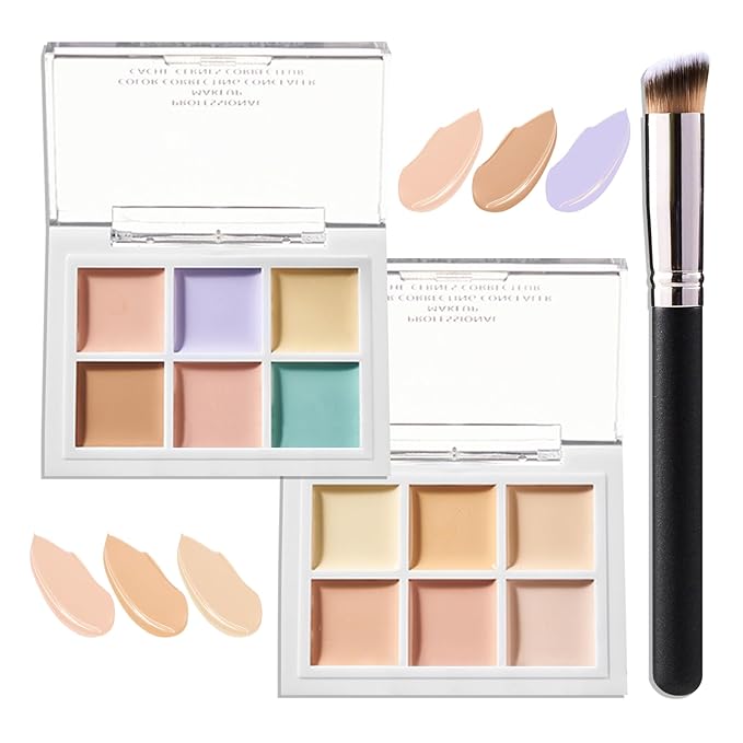 12 Colors Correcting Concealer Contour Makeup Palette, 6 in 1 Color Corrector Palette,Highlighting Concealer Palette Contouring Liquid Foundation Makeup Kit with Brush（2PCS）-GlimoraGlow