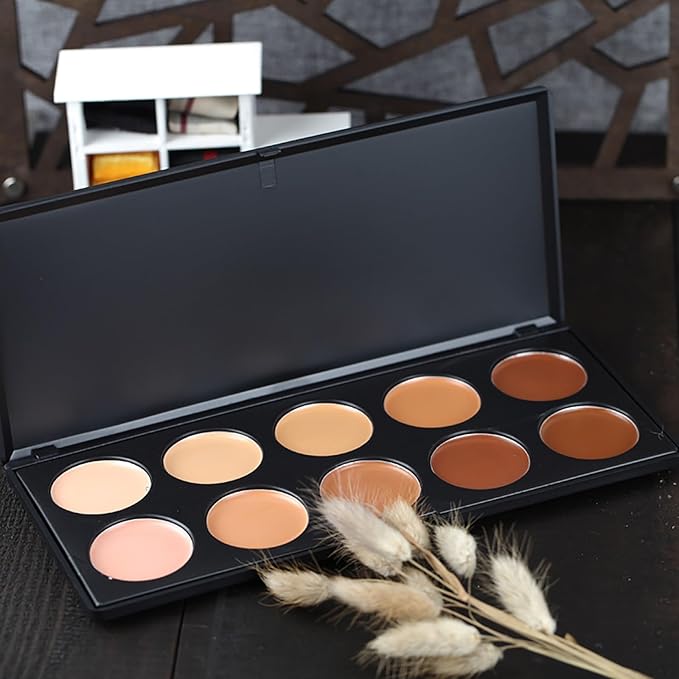 10 Shade Creamy Concealer Kit with Makeup Brush Set, 3 In 1 Professional Cream Concealer, Contour, Foundation, Color Corrector for Diminishes Appearance Dark Circles & Softens Fine Lines-GlimoraGlow