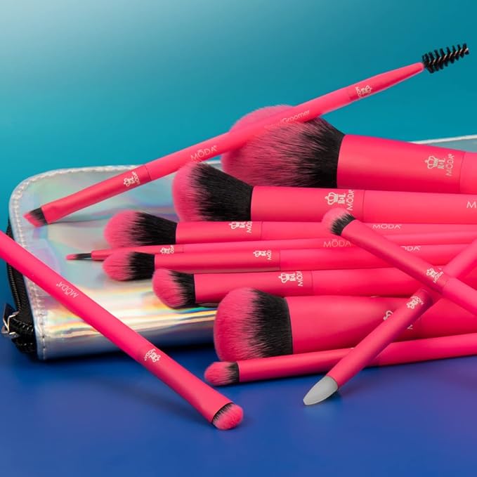 MODA Totally Electric Neon Full Face Makeup Brush Kit – 13pc Vibrant Brush Set for Face & Eyes with Zip Case (Neon Pink)-GlimoraGlow