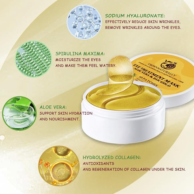 120PCS Under Eye Patches 24K Gold Eye Mask with Aloe Vera Natural Ingredients, Moisturizing Skin Care with Hyaluronic Acid and Collagen for Anti-Wrinkle, for Dark Circles and Puffiness-GlimoraGlow