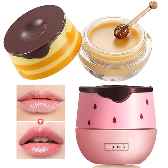 2 PCS Bee Lip Balm Lip Mask Honey Pot, Honey & Strawberry Lip Mask Propolis Moisturizing Lip Balm with Stick - Hydrating Prevention Dry and Cracked Lip Scrubs Exfoliato Lip Wrinkle Care-GlimoraGlow