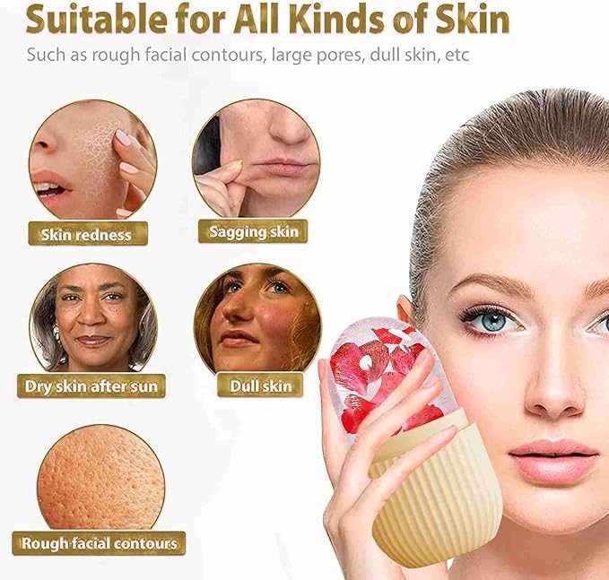 XHJRI Ice Face Roller Massager,Ice Cube Roller for Face, Eyes and Neck Naturally Conditioning and Skin Care,De-Puff Eye Bags,Reduce Migraine Pain,Reusable Massage Silicone Ice Mold (Beige)-GlimoraGlow