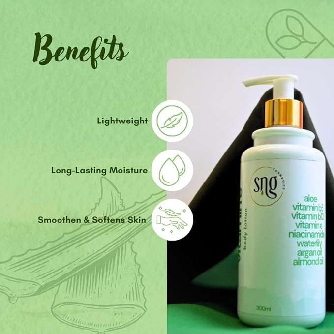 Aloe Vera Lotion for Dry Skin - Hand & Body Moisturizing Vitamin E Lotions 10.14 Fl Oz - Waterlily, Argan oil and Almond oil Extracts Skincare-GlimoraGlow