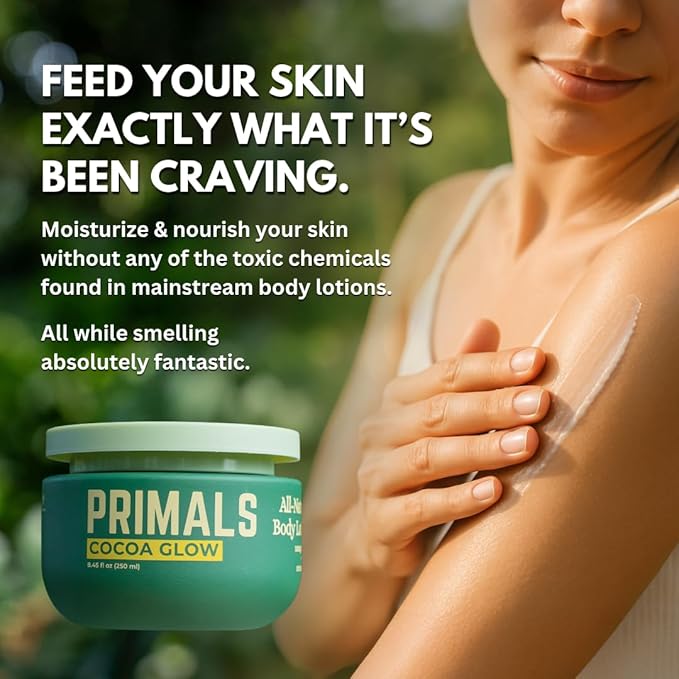 PRIMALS All Natural Body Lotion - Cocoa Butter & Mango Butter - 100% Naturally Derived Ingredients - Alcohol Free, Artificial Fragrance Free, Paraben Free, Petroleum Derivative Free - 8.45 oz-GlimoraGlow