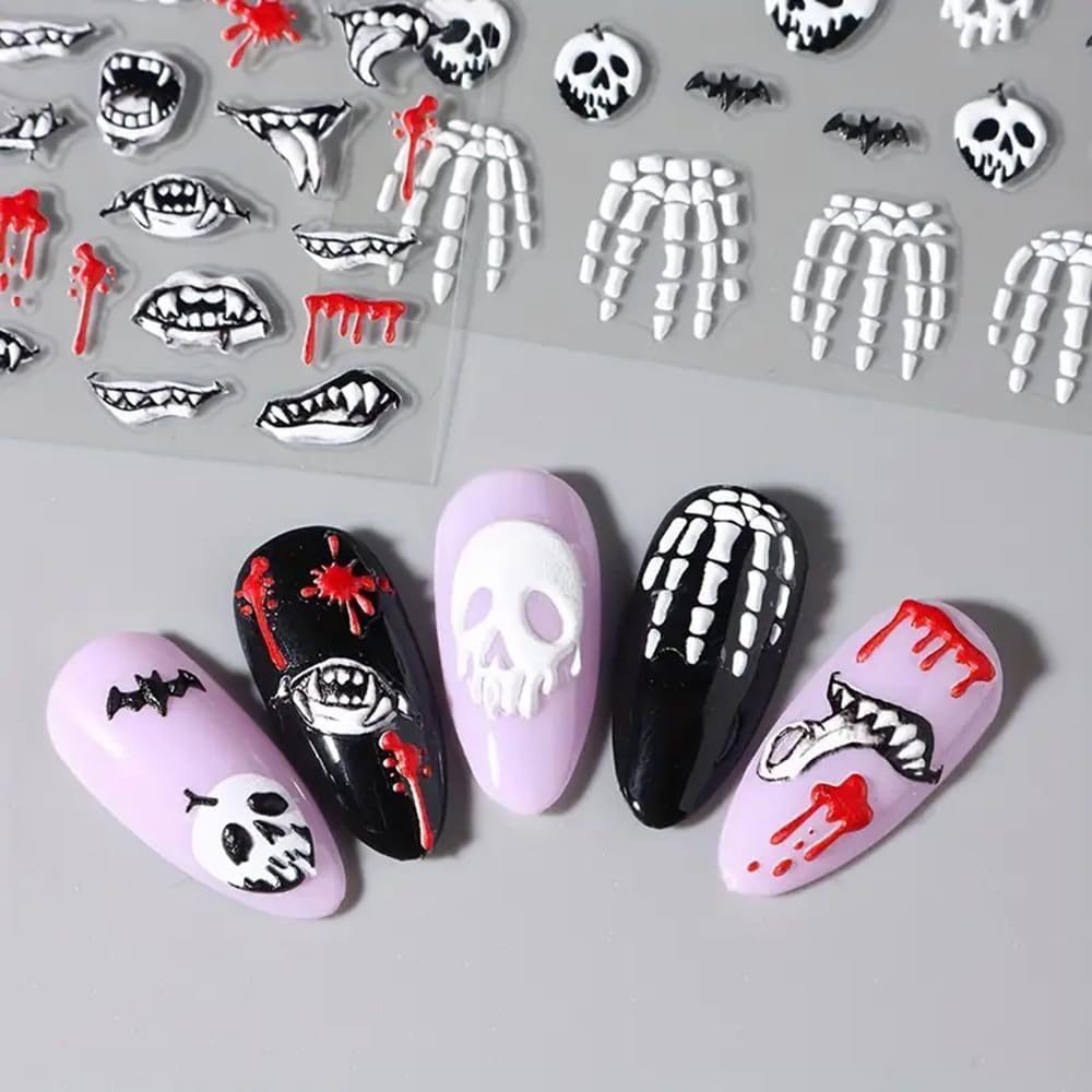 2 Pcs Halloween Nail Art Stickers 5D Embossed Scary Skull Self-Adhesive Nail Decals Halloween Stickers Bat Bones of The Dead Designs Nail Decorations Holiday DIY Acrylic Nail Accessories for Women-GlimoraGlow