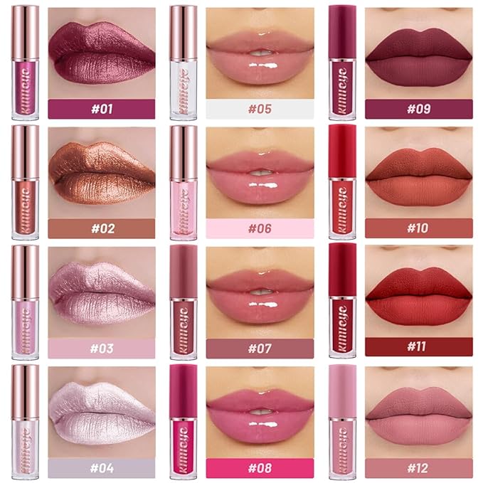 12Pcs Liquid Lipstick Makeup Set, Shades with 4Pcs Metallic Color Lipstick, 4Pcs Hydrating Lip Oil and 4Pcs Longwear Waterproof Matte Lipstick Gift Kit for Women (SET C)-GlimoraGlow