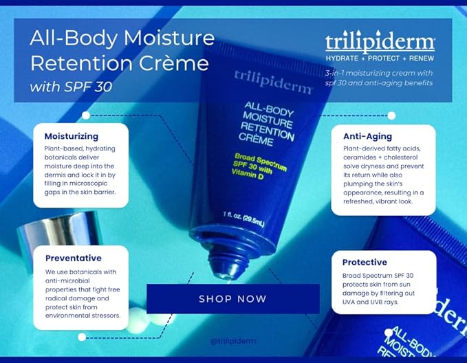 Trilipiderm All-Body Moisture Retention Crème Broad Spectrum SPF 30 with Vitamin D – 2-PACK of Travel-Size 3 Ounce Tubes – Plant-Based All-Day Hydration, Sunscreen for Body and Face-GlimoraGlow