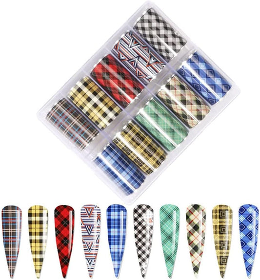 10 Colors Buffalo Plaid Nail Art Foils Christmas Nail Transfer Stickers Supplies Buffalo Plaid Design Nail Decal Tips Wraps Adhesive Glitters Acrylic DIY Nail Decoration-GlimoraGlow