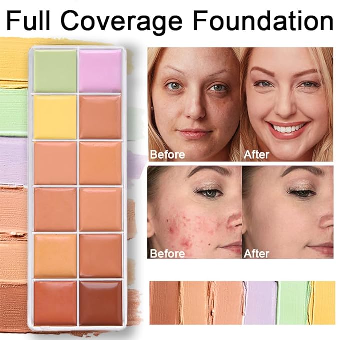12 Color Correcting Concealer Palette With Concealer Brush, Cream Contouring Makeup Kit, Tattoo Concealer, Corrects Dark Circles Red Marks Scars Light Mediumor creamy concealer B1-GlimoraGlow