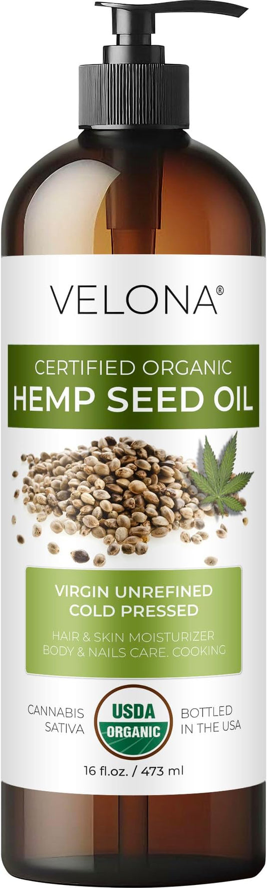 velona Hemp Seed Oil USDA Certified Organic - 16 Fl Oz | 100% Pure and Natural Carrier Oil | Unrefined, Cold Pressed | Hair, Body, Face & Skin Care-GlimoraGlow